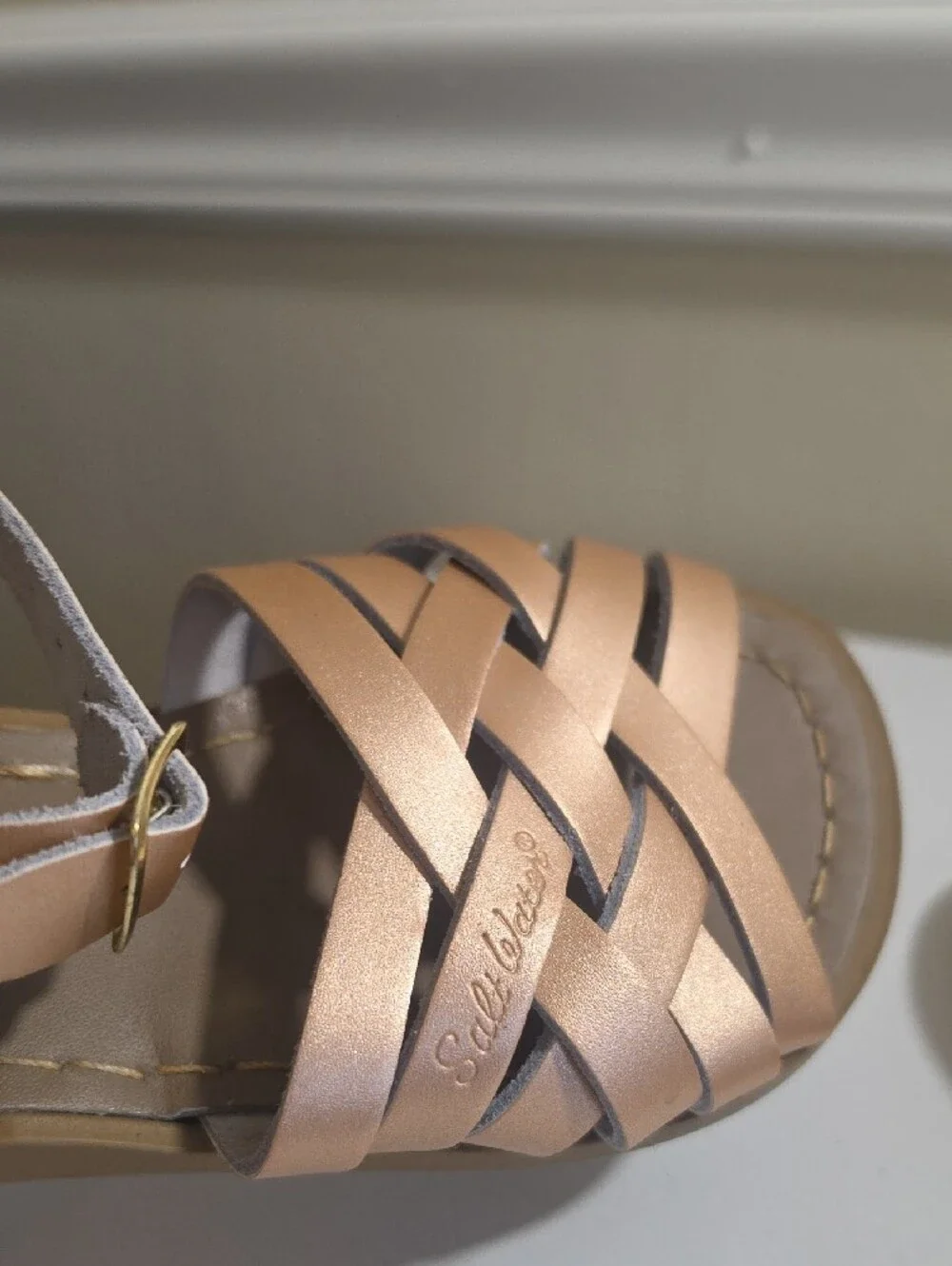 Salt Water Sans Braided Leather Metallic  Rose Gold Ankle-Strap Sandals Sz 1